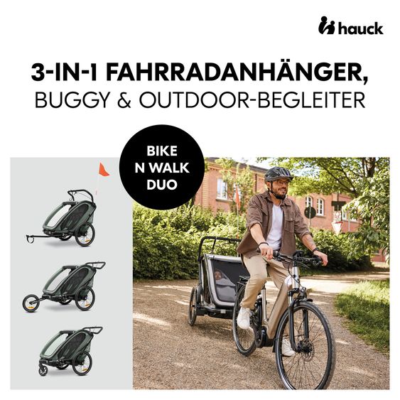 Hauck Rimorchio bici 3in1 Bike N Walk Duo per 2 bambini (fino a 44 kg) - Rimorchio bici, passeggino e jogger - Verde scuro