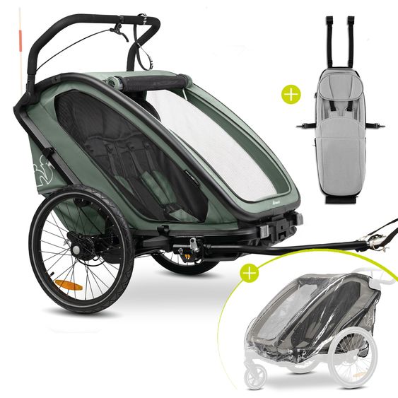 Hauck 3in1 Bike Trailer Starter Set Bike N Walk Duo for 2 Children (up to 44 kg) - Bike Trailer, City Buggy & Outdoor Companion - incl. Lounger Infant Car Seat & Rain Cover - Dark Green