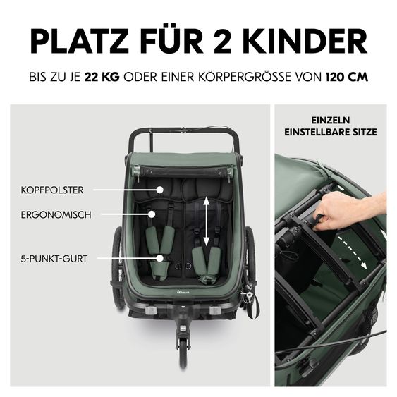 Hauck 3in1 Bike Trailer Starter Set Bike N Walk Duo for 2 Children (up to 44 kg) - Bike Trailer, City Buggy & Outdoor Companion - incl. Lounger Infant Car Seat & Rain Cover - Dark Green