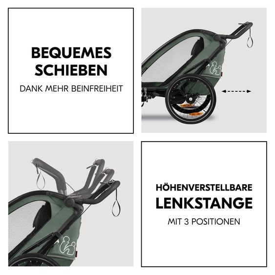 Hauck 3in1 Bike Trailer Starter Set Bike N Walk Duo for 2 Children (up to 44 kg) - Bike Trailer, City Buggy & Outdoor Companion - incl. Lounger Infant Car Seat & Rain Cover - Dark Green