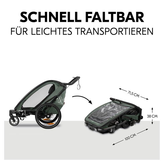 Hauck 3in1 Bike Trailer Starter Set Bike N Walk Duo for 2 Children (up to 44 kg) - Bike Trailer, City Buggy & Outdoor Companion - incl. Lounger Infant Car Seat & Rain Cover - Dark Green