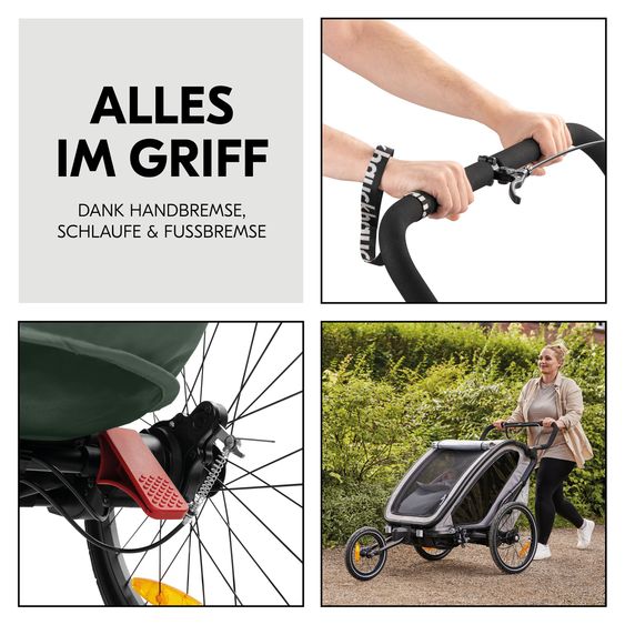 Hauck 3in1 Bike Trailer Starter Set Bike N Walk Duo for 2 Children (up to 44 kg) - Bike Trailer, City Buggy & Outdoor Companion - incl. Lounger Infant Car Seat & Rain Cover - Dark Green
