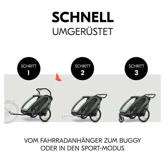 Hauck 3in1 Bike Trailer Starter Set Bike N Walk Duo for 2 Children (up to 44 kg) - Bike Trailer, City Buggy & Outdoor Companion - incl. Lounger Infant Car Seat & Rain Cover - Dark Green