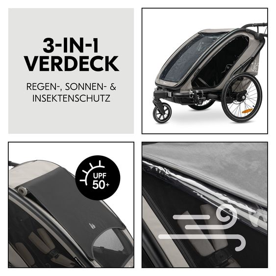 Hauck 3in1 Bike Trailer Starter Set Bike N Walk Duo for 2 Children (up to 44 kg) - Bike Trailer, City Buggy & Outdoor Companion - incl. Lounger Infant Car Seat & Rain Cover - Light Grey