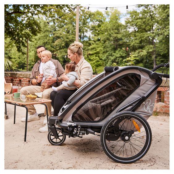 Hauck 3in1 Bike Trailer Starter Set Bike N Walk Duo for 2 Children (up to 44 kg) - Bike Trailer, City Buggy & Outdoor Companion - incl. Lounger Infant Car Seat & Rain Cover - Light Grey