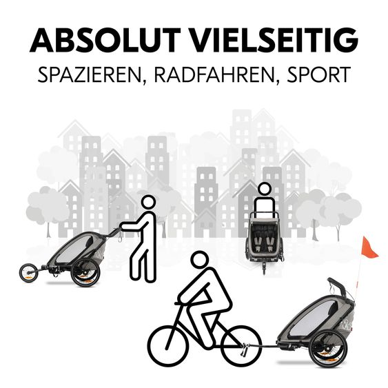 Hauck 3in1 Bike Trailer Starter Set Bike N Walk Duo for 2 Children (up to 44 kg) - Bike Trailer, City Buggy & Outdoor Companion - incl. Lounger Infant Car Seat & Rain Cover - Light Grey