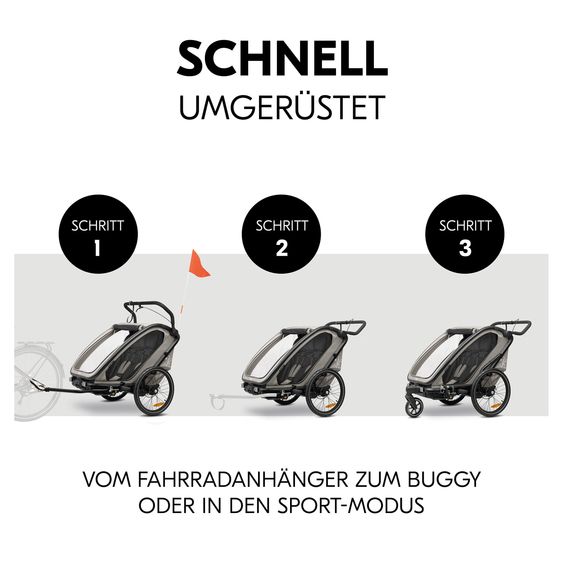 Hauck 3in1 Bike Trailer Starter Set Bike N Walk Duo for 2 Children (up to 44 kg) - Bike Trailer, City Buggy & Outdoor Companion - incl. Lounger Infant Car Seat & Rain Cover - Light Grey