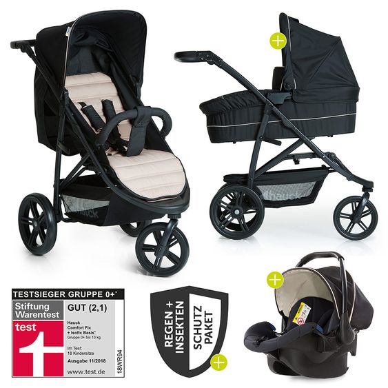 Hauck 3in1 Kinderwagen-Set Rapid 3 (bis 25 kg) inkl. Comfort Fix Babyschale, Regenschutz und Insektenschutz - Caviar Beige