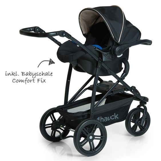 Hauck 3in1 Kinderwagen-Set Rapid 3 (bis 25 kg) inkl. Comfort Fix Babyschale, Regenschutz und Insektenschutz - Caviar Beige