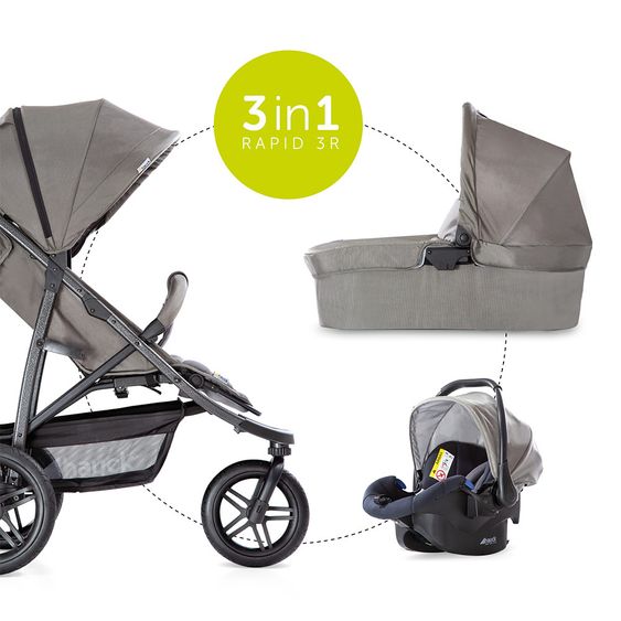 Hauck 3in1 Kinderwagen-Set Rapid 3R Plus (bis 25 kg) Comfort Fix Babyschale, Regenschutz und Insektenschutz - Charcoal
