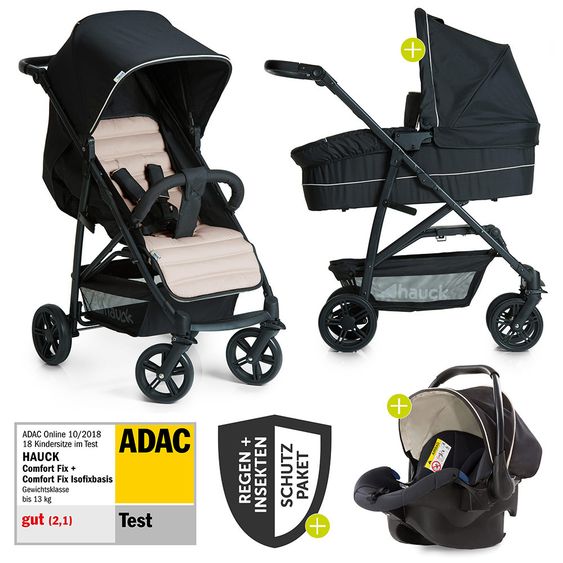 Hauck 3in1 Kinderwagen-Set Rapid 4 (bis 25 kg) inkl. Comfort Fix Babyschale, Regenschutz und Insektenschutz - Caviar Beige