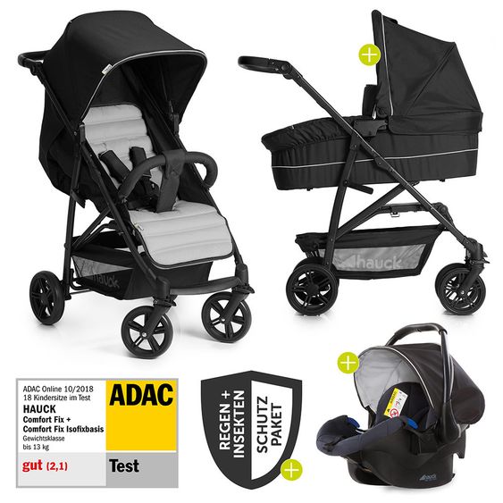 Hauck 3in1 Kinderwagen-Set Rapid 4 (bis 25 kg) inkl. Comfort Fix Babyschale, Regenschutz und Insektenschutz - Caviar Silver