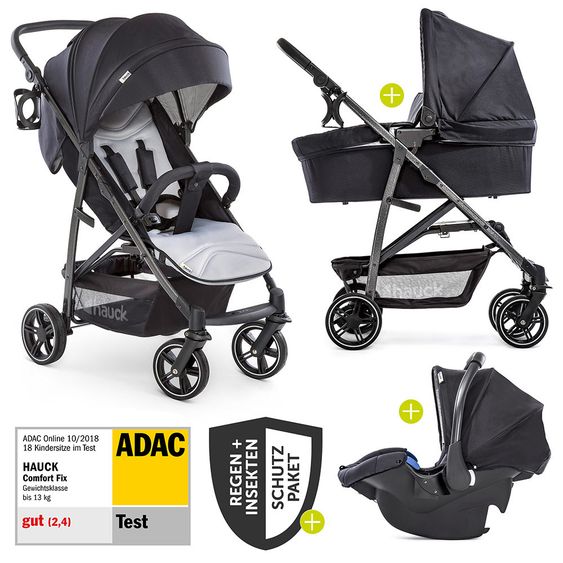 Hauck 3in1 Kinderwagen-Set Rapid 4S Plus (bis 25 kg) inkl. Comfort Fix Babyschale, Insekten- & Regenschutz - Caviar Silver