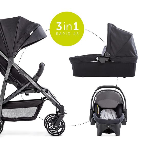 Hauck 3in1 Kinderwagen-Set Rapid 4S Plus (bis 25 kg) inkl. Comfort Fix Babyschale, Insekten- & Regenschutz - Caviar Silver