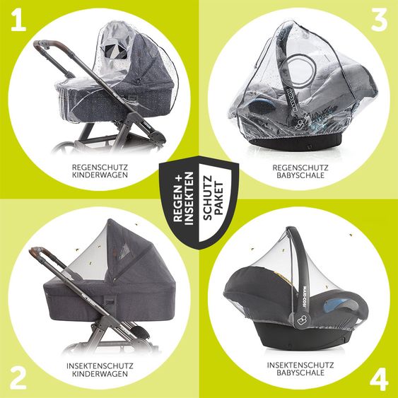 Hauck 3in1 Kinderwagen-Set Rapid 4S Plus (bis 25 kg) inkl. Comfort Fix Babyschale, Insekten- & Regenschutz - Caviar Silver