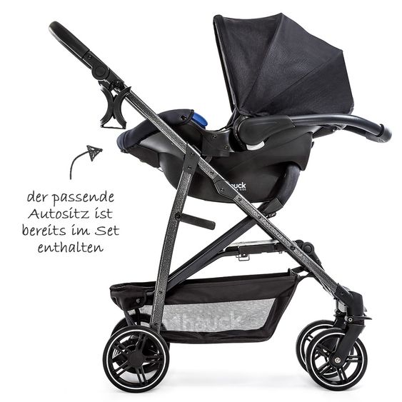 Hauck 3in1 Kinderwagen-Set Rapid 4S Plus (bis 25 kg) inkl. Comfort Fix Babyschale, Insekten- & Regenschutz - Caviar Silver