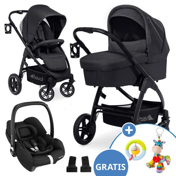 Hauck 3in1 Kinderwagen-Set Saturn R Trio Set - inkl. Maxi-Cosi i-Size Cabriofix, Adapter + GRATIS Spieltier zum Aufhängen & Greifling Rasselkugel - Melange Black