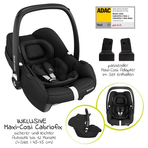 Hauck 3in1 Kinderwagen-Set Saturn R Trio Set - inkl. Maxi-Cosi i-Size Cabriofix, Adapter + GRATIS Spieltier zum Aufhängen & Greifling Rasselkugel - Melange Black