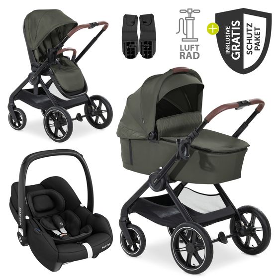 Hauck Set di passeggini 3in1 Walk N Care Air Trio Set incl. Maxi-Cosi i-Size Cabriofix e set di accessori XXL - Oliva scura