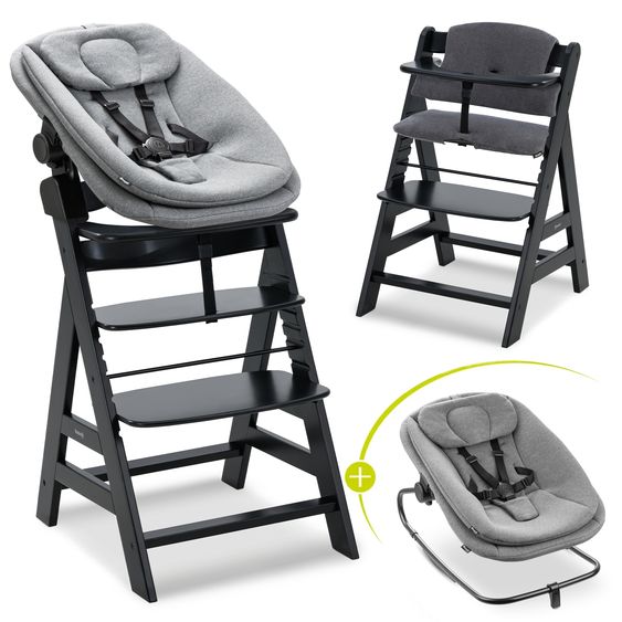Hauck 4-tlg. Alpha Plus Newborn Set - Hochstuhl + Bouncer 2in1 in Dark Grey Melange + Sitzkissen in Jersey Charcoal - Black