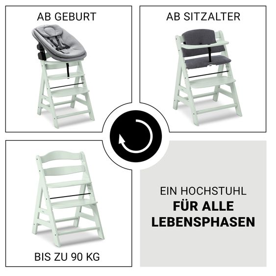 Hauck 4-pcs Alpha Plus Newborn Set High Chair + Bouncer 2in1 in Dark Grey Melange + Seat Cushion in Jersey Charcoal - Mint