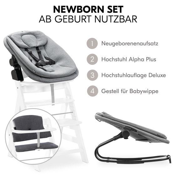 Hauck Set Nouveau-Né Alpha Plus 4 Pièces - Chaise Haute + Transat 2in1 en Gris Foncé Mélangé + Coussin De Siège en Jersey Charcoal - Blanc