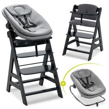 4-tlg. Alpha Plus Newborn Set - Hochstuhl + Bouncer 2in1 in Dark Grey Melange + Sitzkissen in Melange Charcoal - Black