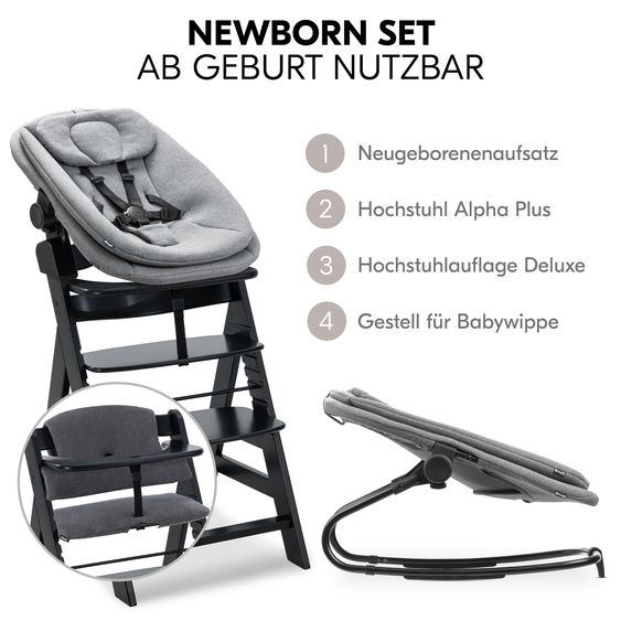 Hauck 4-tlg. Alpha Plus Newborn Set - Hochstuhl + Bouncer 2in1 in Dark Grey Melange + Sitzkissen in Melange Charcoal - Black