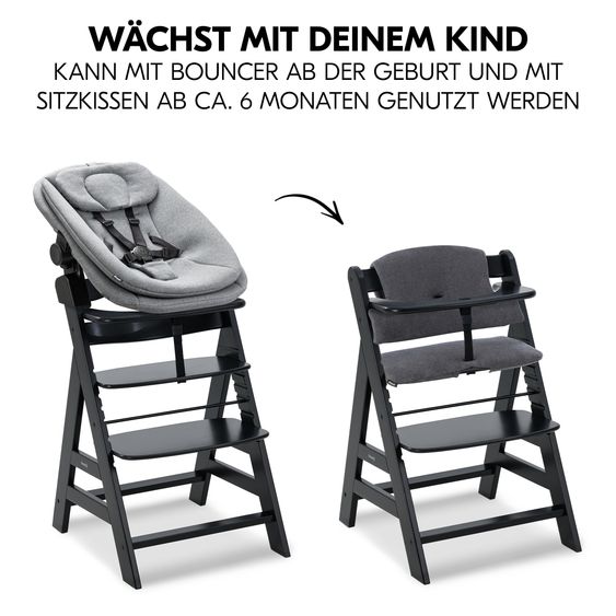 Hauck 4-tlg. Alpha Plus Newborn Set - Hochstuhl + Bouncer 2in1 in Dark Grey Melange + Sitzkissen in Melange Charcoal - Black