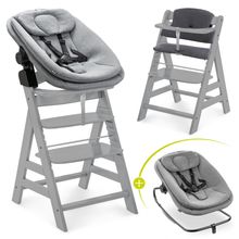 4-tlg. Alpha Plus Newborn Set - Hochstuhl + Bouncer 2in1 in Dark Grey Melange + Sitzkissen in Melange Charcoal - Grey