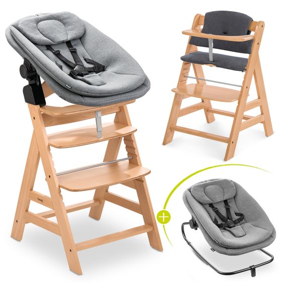 Hauck 4-pcs Alpha Plus Newborn Set - High Chair + Bouncer 2in1 in Dark Grey Melange + Seat Cushion in Melange Charcoal - Natural
