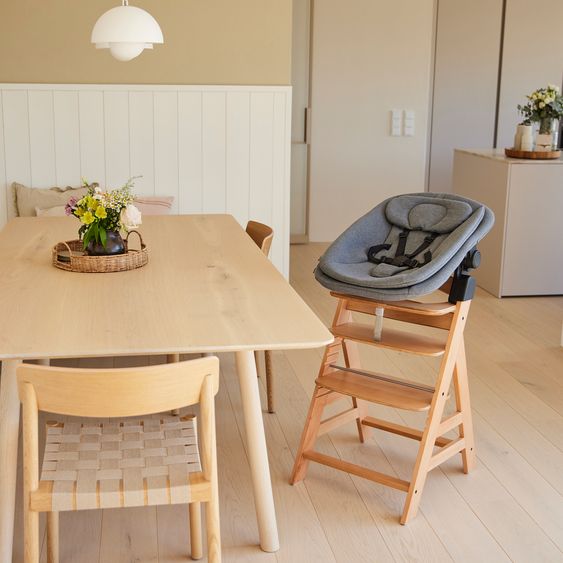 Hauck 4-pcs Alpha Plus Newborn Set - High Chair + Bouncer 2in1 in Dark Grey Melange + Seat Cushion in Melange Charcoal - Natural