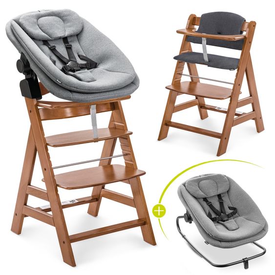 Hauck 4-pcs Alpha Plus Newborn Set - High Chair + Bouncer 2in1 in Dark Grey Melange + Seat Cushion in Melange Charcoal - Walnut