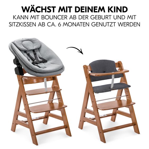 Hauck 4-pcs Alpha Plus Newborn Set - High Chair + Bouncer 2in1 in Dark Grey Melange + Seat Cushion in Melange Charcoal - Walnut