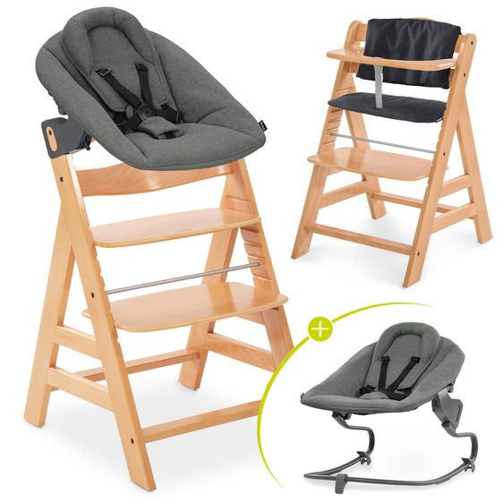 Hauck 4-pc Alpha Plus Newborn Set - High Chair + Bouncer 2in1 in Dark Grey + Deluxe Seat Cushion in Melange Charcoal - Natural