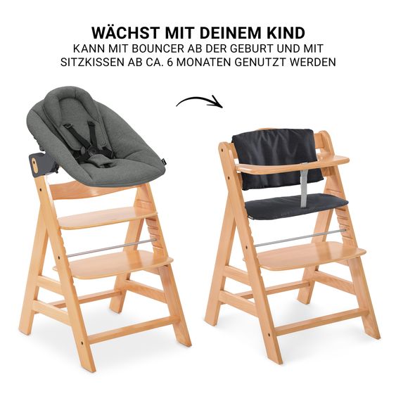 Hauck 4-pc Alpha Plus Newborn Set - High Chair + Bouncer 2in1 in Dark Grey + Deluxe Seat Cushion in Melange Charcoal - Natural