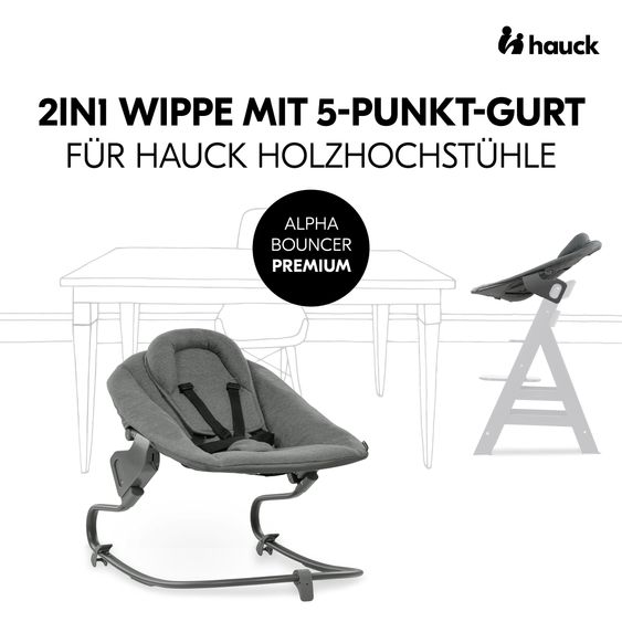 Hauck 4-pc Alpha Plus Newborn Set - High Chair + Bouncer 2in1 in Dark Grey + Deluxe Seat Cushion in Melange Charcoal - Natural