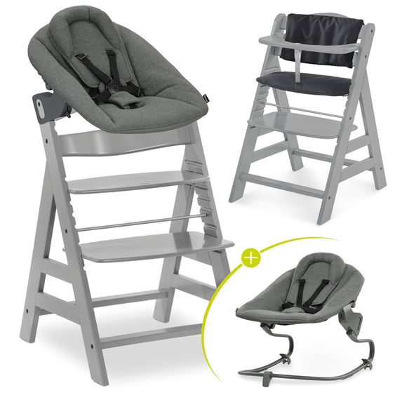 Hauck 4-tlg. Alpha Plus Newborn Set - Hochstuhl + Bouncer 2in1 Premium in Dark Grey + Sitzkissen Deluxe in Melange Charcoal - Grey