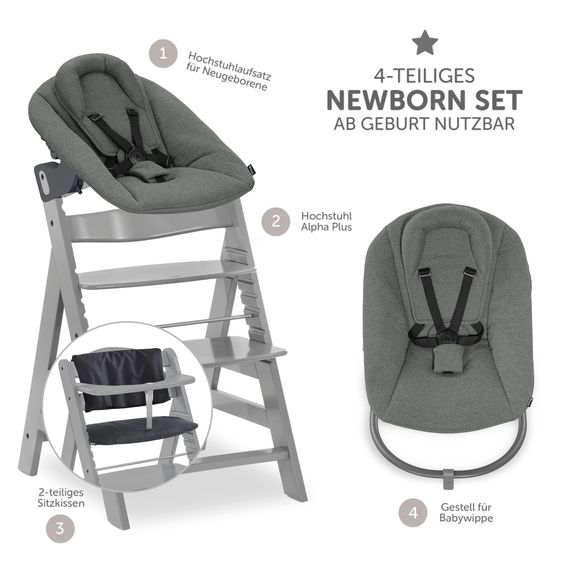Hauck 4-tlg. Alpha Plus Newborn Set - Hochstuhl + Bouncer 2in1 Premium in Dark Grey + Sitzkissen Deluxe in Melange Charcoal - Grey