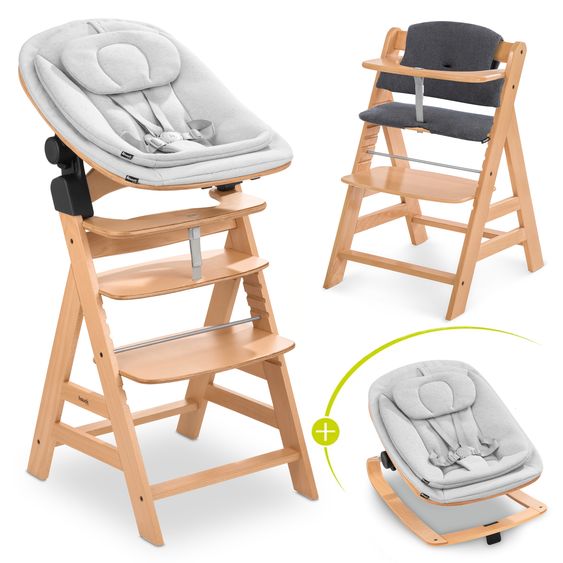 Hauck 4-tlg. Alpha Plus Newborn Set - Hochstuhl + Eco Bouncer 2in1 + Hochstuhlauflage Deluxe - Natur