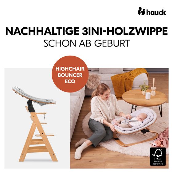 Hauck 4-tlg. Alpha Plus Newborn Set - Hochstuhl + Eco Bouncer 2in1 + Hochstuhlauflage Deluxe - Natur