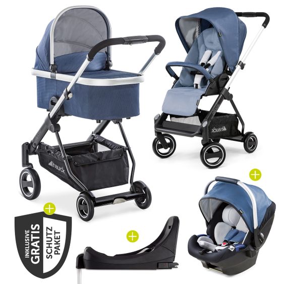Hauck 4in1 Kinderwagen-Set Apollo inkl. Autositz, Isofix-Base, Babywanne, Sportsitz und XXL Zubehörpaket - Denim