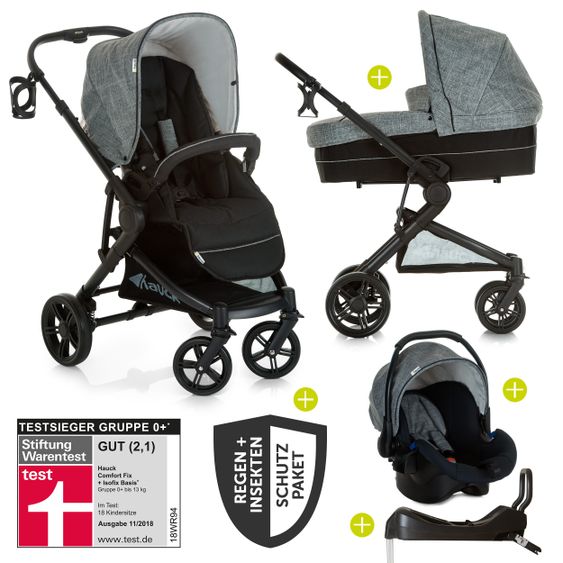 Hauck 4in1 Kinderwagen-Set Atlantic Plus Trio Set inkl. Isofix Basis und XXL Zubehörpaket - Melange Grey Caviar
