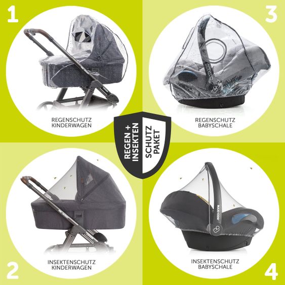 Hauck 4in1 Kinderwagen-Set Atlantic Plus Trio Set inkl. Isofix Basis und XXL Zubehörpaket - Melange Grey Caviar
