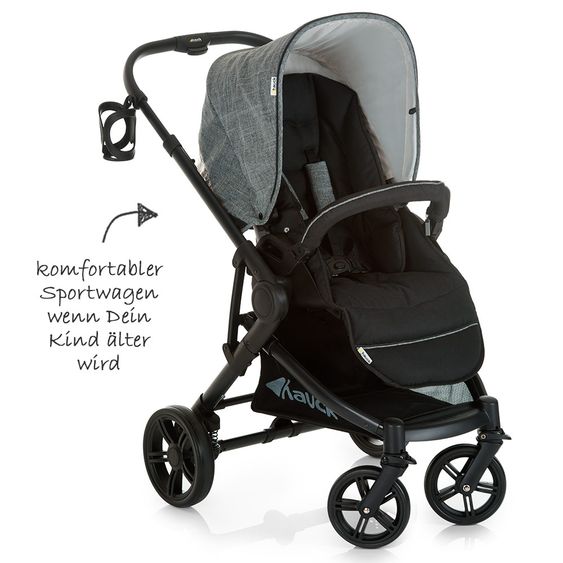 Hauck 4in1 Kinderwagen-Set Atlantic Plus Trio Set inkl. Isofix Basis und XXL Zubehörpaket - Melange Grey Caviar