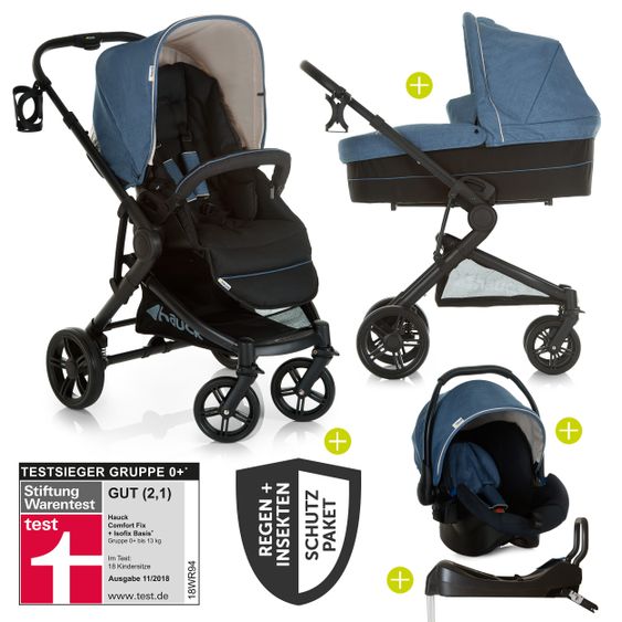 Hauck 4in1 Kinderwagen-Set Atlantic Plus Trio Set inkl. Isofix Basis und XXL Zubehörpaket - Melange Jeans Caviar
