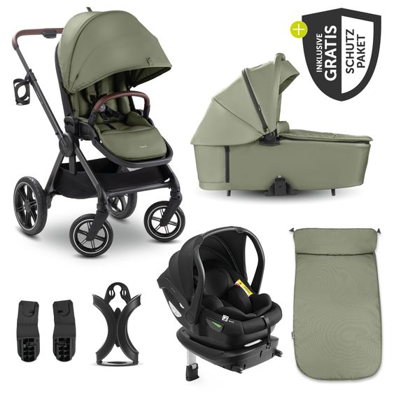 Hauck 4in1 Kinderwagen-Set Comfort N Care - inkl. i-Size Babyschale Drive N Care, Isofix-Base & XXL Zubehörset - Olive