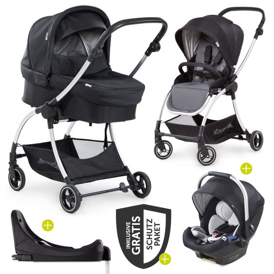 Hauck 4in1 Kinderwagen-Set Eagle 4S Duoset inkl. Autositz, Isofix-Base, Sportwagen, Babywanne & XXL Zubehörpaket - Black Grey