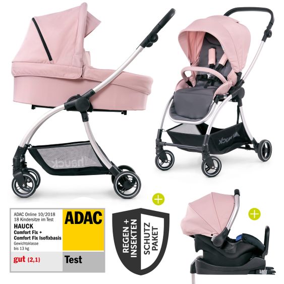 Hauck 4in1 Kinderwagen-Set Eagle 4S Duoset inkl. Autositz, Isofix-Base, Sportwagen, Babywanne & XXL Zubehörpaket - Pink Grey