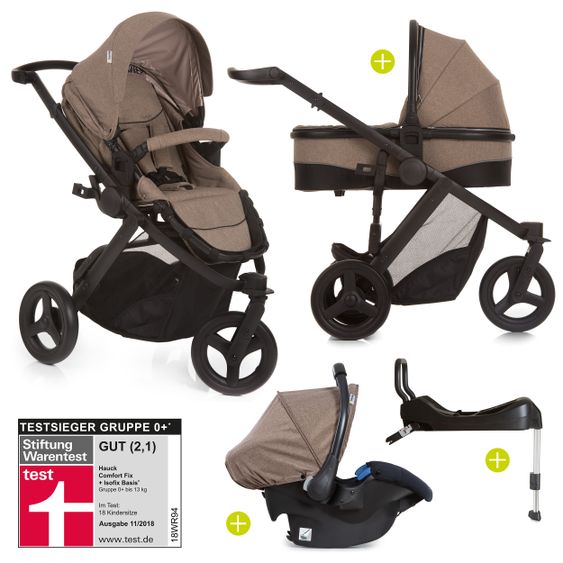 Hauck 4in1 Kinderwagen-Set Maxan 3 Plus inkl. Babyschale Comfort Fix und Isofix Basis - Melange Sand